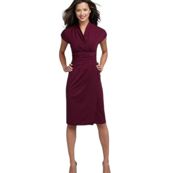Suzi Chin Dresses & Skirts - Suzi Chin for Maggy Boutique Faux Wrap Dress Sz 16 Wine Ruched Cap Sleeve
